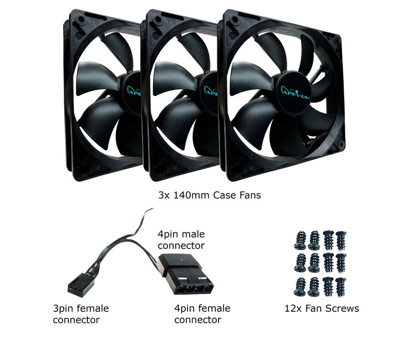 APEVIA CF314S-BK 140mm 4pin Molex & 3pin Motherboard Black Silent Case Fan (3-pk) - Image 4